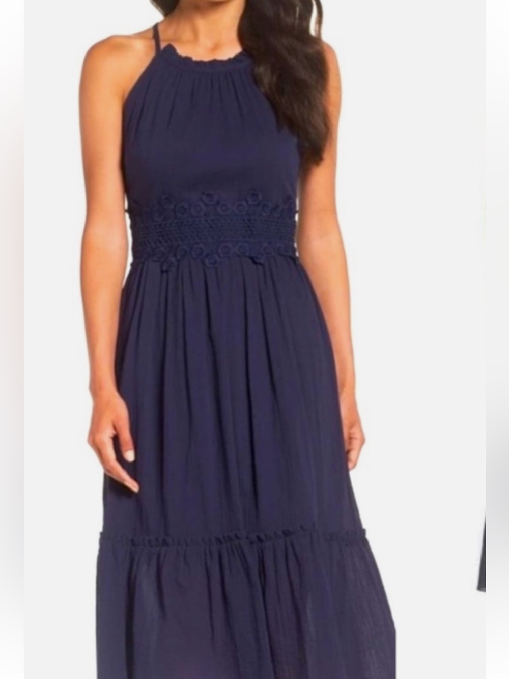 Eliza J Navy Halter Maxi with Crochet Waistband Sz 8